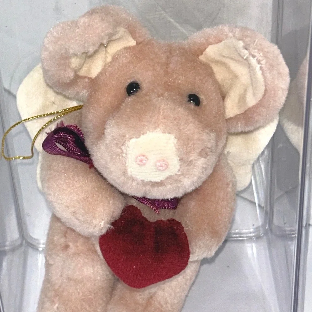 Boyds Collection 1990 Pink Flying Pig Plush Ornament Jointed Red Heart Vintage